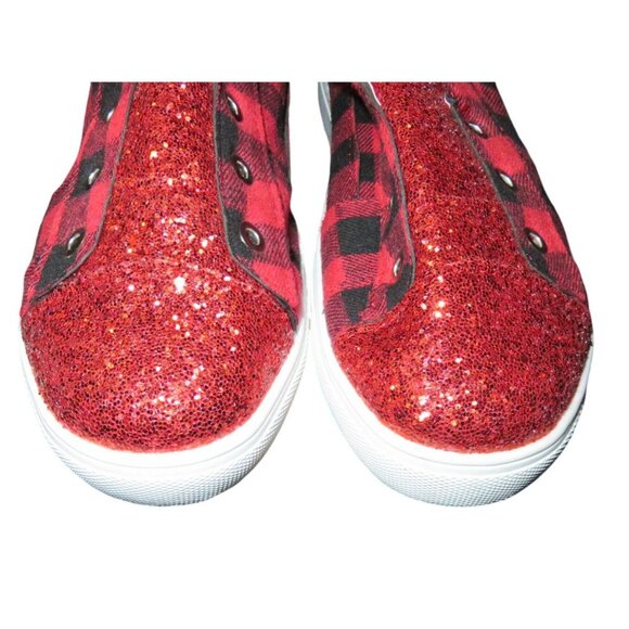 BUFFALO Plaid Red & Black Checked Canvas Slip On Glitter Sparkle Sneakers size 8 - Picture 2 of 6